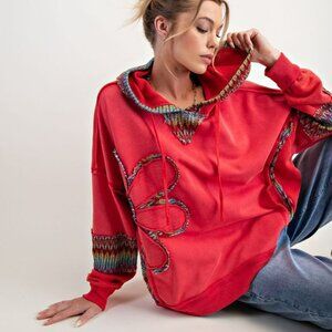 NWT Easel Poppy Red Daisy Patch Terry Hoodie – Oversized Washed Pullover with Ra
